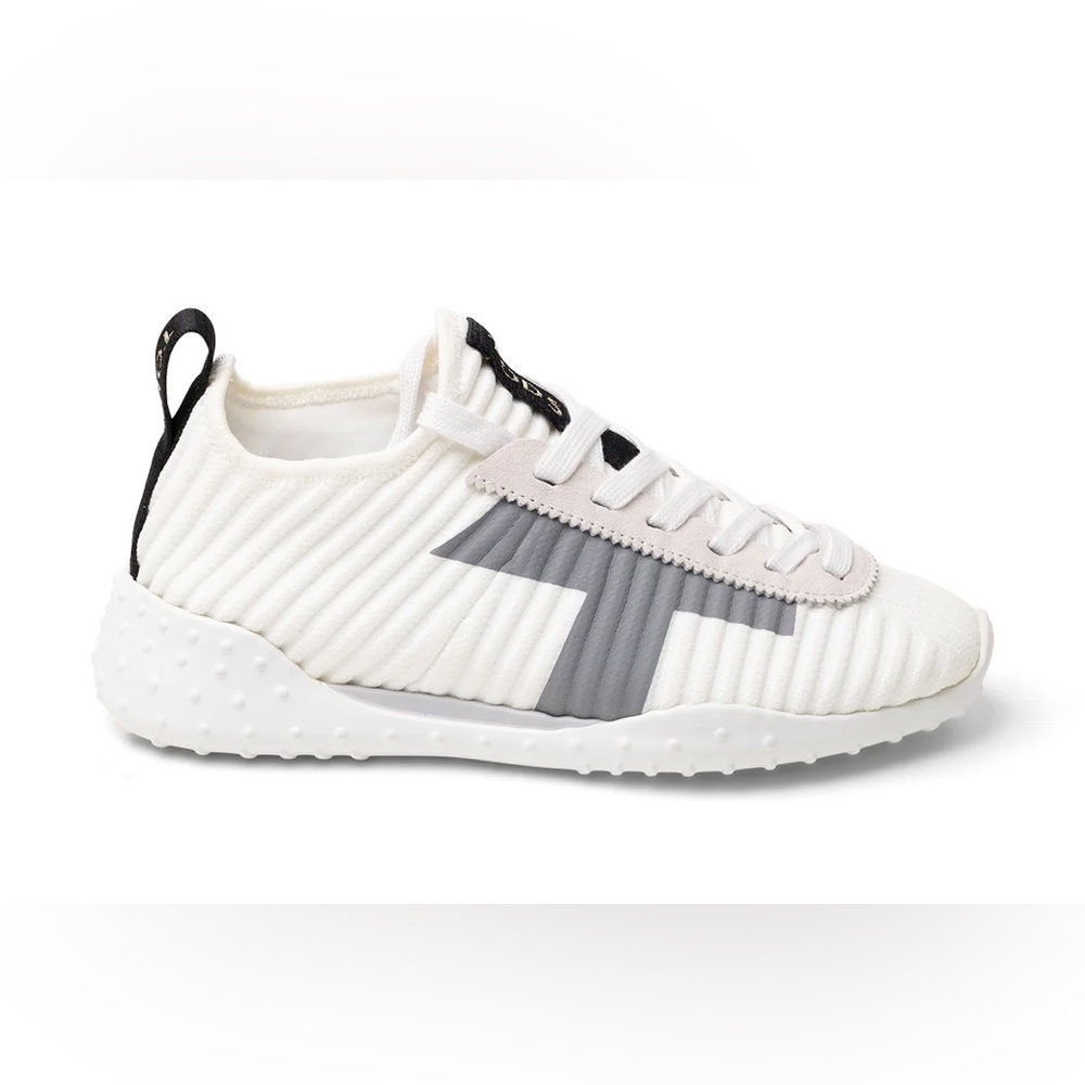 Tod's Sportiva Suede Trimmed Ribbed Knit White, Gray & Black Sneakers